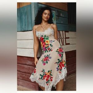 Anthropologie Sleeveless V-Neck Lace Floral Slip Midi Dress M